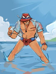 beach bucket_hat bulge bulge_in_swimsuit bulge_under_clothes covered_face happy_trail in_water marvel marvel_rivals necklace nipple okkitiv open_shirt peter_parker smiling speedo spider-man spider-man_(marvel_rivals) summer swimsuit swimsuit_bulge swimwear water