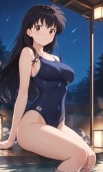 1girls 4k ai_generated anime big_breasts black_hair brown_eyes curvy female female_only her_brother_drives_a_subaru hot_spring hotsprings inuyasha kagome_higurashi long_hair night one-piece_swimsuit onsen self_upload shooting_star sitting smile solo stable_diffusion swimsuit thighs