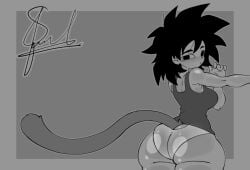 1girls ass ass_focus black_eyes black_hair blushing dragon_ball dragon_ball_super dragon_ball_z gine grayscale gt_animates long_hair looking_at_viewer looking_back panties partially_clothed shirt skinny solo tagme_(character) tail