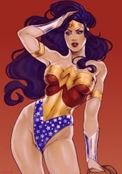 amazon arm_band bare_legs bare_thighs black_hair bracelets_of_submission breasts crotch dara_miruki dc dc_comics diana_of_themyscira exposed_hips flowing_hair groin hips hourglass_figure leotard light_skin light_skinned_female medium_breasts miruki09 small_waist thighs thin_waist toned toned_female wide_hips wonder_woman wonder_woman_(series)