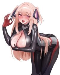 1girls ass blonde_hair blue_archive bodysuit covering covering_breasts fellatio_gesture female huge_breasts iku_hoshifuri long_hair looking_at_viewer navel no_bra no_bra_under_clothes open_bodysuit open_mouth pink_eyes prism_project rio_(blue_archive)_(cosplay) simple_background solo solo_female sweat terigumi tongue tongue_out twintails virtual_youtuber white_background