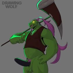 anthro balls bara barazoku boner deltarune drawingwolf2611 erection facial_hair gerson_boom gerson_boom_(deltarune) green_body green_skin hammer magenta_hair male male_only muscles muscular pantsless penis purple_hair scalie solo solo_male tank_top turtle undertale