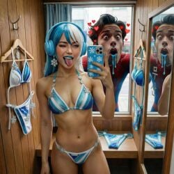 ai_generated asian asian_female belly_button bikini bikini_top blue_hair boobs cleavage down_bad drool drooling face_pressed_against_glass g_string headphones hearts_around_head horny_male in_love korean korean_female korean_text luna_snow luna_snow_(cool_summer) luna_snow_(marvel_rivals) marvel marvel_rivals midriff mirror mirror_reflection mirror_selfie peeping peeping_tom pervert peter_parker rattoilet reflection salivating selfie spider-man spider-man_(series) thong tongue tongue_out trying_on_clothes vouyerism voyeur white_hair window