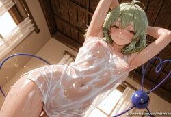 1girl ahoge ai_generated armpits arms_behind_head arms_up bangs blush breasts closed_mouth covered_nipples curtains green_eyes green_hair hair_between_eyes heart heart_of_string indoors kermixx komeiji_koishi looking_at_viewer medium_breasts medium_hair nipples see-through short_hair smile solo third_eye touhou wet wet_clothes window