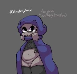 angel_(clovedex) big_thighs clothed clovedex_(artist) exposed_penis fangs fangs_out femboy gloves goat goat_horns high_socks hooded_cape indecent_exposure looking_at_viewer merchant micropenis public_indecency public_nudity small_penis solo topwear