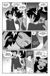 1boy 1girls backless_dress big_breasts black_hair black_lips blood_sucking breasts bulge clothing comic dialogue dress erection_under_clothes eyebrow_piercing facial_piercing fangs female grey_skin greyscale hair homestuck horns karkat_vantas lip_piercing long_hair male monochrome ms_paint_adventures penis_outline piercing porrim_maryam shamefuldisplay short_hair speech_bubble straight tattoo text troll white_eyes