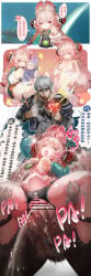 1boy 1girl 1other absurdres agaver123 animal_ear_piercing animal_ears baby bar_censor black_panties black_shirt blood braid breasts censored chinese_commentary chinese_text closed_eyes closed_mouth commentary_request cum cum_in_pussy extra_nipples furry furry_female furry_with_non-furry grey_hair hands_on_own_stomach heart hetero highres interspecies mother_and_child nosebleed nude open_mouth panties parent_and_child pink_hair pregnant red_eyes sex shirt star_(symbol) stomach_bulge teeth tongue tongue_out translation_request twin_braids underwear upper_teeth_only vaginal wise_(zenless_zone_zero) zenless_zone_zero zhao_(zenless_zone_zero)