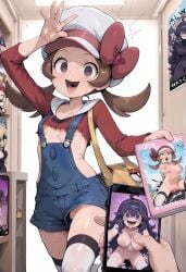 1girl ai_generated aroused barely_covered blue_overalls brainwashing brown_eyes brown_hair corruption hex_maniac hypnosis looking_at_viewer lyra_(pokemon) no_bra noodle_jacuzzi open_mouth overall_shorts pokephilia porn pornography red_shirt revealing_clothes saleslady skimpy small_breasts smile solo_focus spiral_eyes store sweat twintails white_hat white_thighhighs