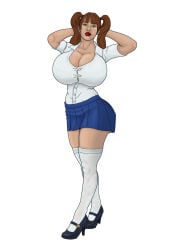big_boobs brown_hair bubble_butt cleavage digital_art female female_only full_body full_lips green_eyes huge_breasts long_socks looking_at_viewer original original_character red_lipstick school_uniform sexy_pose skirt t-shirt thick_thighs thin_waist twintails voluptuous