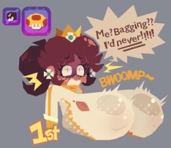 big_breasts blush breast_expansion breast_growth breasts breasts_bigger_than_head freckles generalplorp mario_(series) mario_kart mario_kart_world mega_mushroom nintendo nipple_bulge power_up princess_daisy princess_daisy_(aero) redraw ripped_clothing text