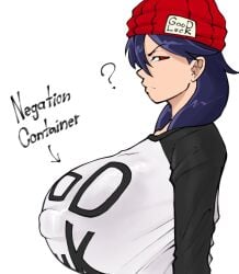 2025 beanie evil_container izumo_fuuko massive_breasts nipple_bulge nipples_visible_through_clothing question_mark red_eyes side_profile srjrgart undead_unluck