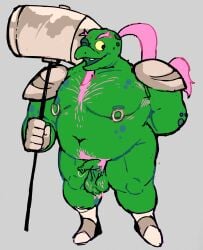 anthro balls boner deltarune erection facial_hair gerson_boom gerson_boom_(deltarune) green_body green_skin hammer magenta_hair male male_only overweight penis penis_piercing purple_hair scalie sightsear solo solo_male turtle undertale
