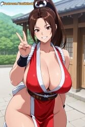 1girls ai_generated ass breasts brown_eyes brown_hair cosplay curvy curvy_figure king_of_fighters kof large_ass large_breasts light-skinned_female long_hair mai_shiranui mature_female milf outdoors pussy shiranui_mai street_fighter zadbhell