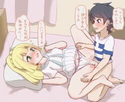 1boy 1girls blonde_hair blush clothed elio_(pokemon) female jeo2 lillie_(pokemon) nintendo panties panties_aside penis pillow pillow_grab pokemon pokemon_sm