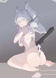 ass bikini butt cow_print cow_print_bikini demon demon_girl demon_horns embarrassed female grabbing hand_on_ass huge_ass jubchack kneeling konami labrynth_of_the_silver_castle large_ass light_skin looking_back looking_down lovely_labrynth_of_the_silver_castle panties_pull pointy_ears princess pulling_panties queen rear_view silver_eyes sitting stretching sweatdrop tail white_hair younger_female yu-gi-oh!