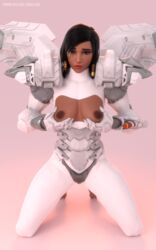 3d black_eyes black_hair blender bodysuit breasts dark-skinned_female dark_skin female high_resolution holding_breast jackal_pharah kneeling medium_breasts overwatch pharah pharah-best-girl power_armor skintight_suit white_outfit