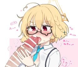 ... 1boy 1girl ahoge bar_censor black-framed_eyewear blonde_hair blue_archive blue_necktie blush braid breasts censored commentary fellatio glasses grabbing_another's_penis hagire_nuno halo hetero kotori_(blue_archive) large_breasts licking licking_penis long_sleeves messy_hair necktie oral penis red_eyes semi-rimless_eyewear shirt short_hair short_necktie solo_focus speech_bubble spoken_ellipsis teardrop-framed_glasses tongue tongue_out translation_request triangle_halo under-rim_eyewear white_shirt yellow_halo