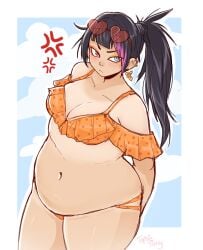 alternate_body_type angry angry_face belly belly_button belly_overhang bikini bikini_bottom bikini_top black_hair blue_eyes chubby chubby_female dyed_hair fat fat_belly fat_female heart_sunglasses heterochromia juri_han medium_breasts orange_bikini orange_eyeshadow ponytail red_eyes street_fighter swimsuit thick thick_legs thick_thighs topsie_turvy