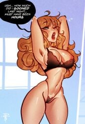 1girls arms_behind_head black_lingerie breasts english_text exposed_breasts female female_only lingerie magik_(illyana_rasputin) magik_(marvel_rivals) marvel marvel_rivals nipple_slip nipples poposhirat russian_female solo_female talking_to_self x-men