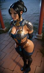 1girl ai_generated armor black_hair blue_clothing braided_hair breast_armor brown_eyes chopsticks_in_hair cleavage dim_lighting exposed_crotch eyeshadow headpiece kitana kitana_(mkx) kneepads looking_away looking_off_screen mortal_kombat mortal_kombat_x netherrealm_studios outside parted_bangs pillar pink_lips shoulder_armor side_cutout staring sweaty_body warrior