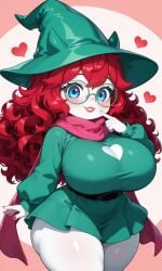 1female 1girls ai_generated big_breasts blue_eyes blush breasts breasts_bigger_than_head cosplay curly_hair deltarune eyelashes female female_focus female_only glasses hair_down hat hearts hips hips_wider_than_shoulders huge_breasts lips lipstick long_hair looking_at_viewer pink_scarf pixai poppy_(poppy_playtime) poppy_playtime ralsei_(cosplay) red_hair red_lips red_lipstick scarf shortstack smile smiling smiling_at_viewer solo solo_female solo_focus tagme teeth thick_thighs thighs urikoito white_skin wide_hips