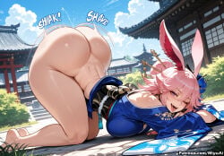 1girl ai_assisted ai_generated animal_ears architecture ass bangs bare_shoulders barefoot blue_kimono blue_sky blush bottomless breasts building cloud curvaceous curvy curvy_female curvy_figure day detached_sleeves east_asian_architecture eyebrows_visible_through_hair female fox_ears hair_between_eyes honkai_(series) honkai_impact_3rd japanese_clothes jewelry kimono large_breasts looking_at_viewer messy_hair miyuai obi one_eye_closed open_mouth outdoors pink_hair purple_eyes sash short_kimono sky smile solo tail thick thick_ass thick_butt thick_hips thick_legs thick_thighs top-down_bottom-up tree voluptuous voluptuous_female wide_hips wide_sleeves wide_thighs yae_sakura