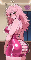 1girl ai_generated antennae antennae_(anatomy) ashido_mina ashido_mina_time-skip ass ass_cheeks big_ass big_ass_(female) big_breasts black_sclera blush blush_lines blushing blushing_at_viewer boku_no_hero_academia boku_no_hero_academia_(finale) booty breasts curvy curvy_body curvy_female curvy_figure female female_focus female_only indoors jorgecarlosai latex latex_dress long_hair looking_at_viewer looking_back mina_ashido mina_ashido_time-skip my_hero_academia my_hero_academia_(finale) pink_dress pink_hair pink_latex pink_skin pinky_(mha) rear_view revealing_clothes sexy sexy_body sexy_female shy sideboob taut_dress visible_ass watermark yellow_eyes