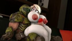 3d armored_male blonde_female charlie_morningstar_(hazbin_hotel) crossover demon_girl doom doom_slayer_(doom) grinding_on_penis hazbin_hotel huge_breasts huge_cock ironhawk looking_at_another tagme video white_skin