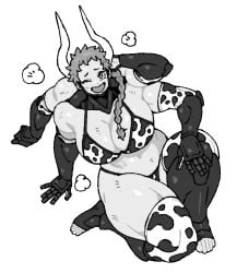 2026 2d_(artwork) big_breasts bikini breasts cow_print_bikini digital_media_(artwork) four_arms greyscale horns looking_at_viewer multi_arm muscular_arms muscular_female muscular_thighs one_arm_behind_head one_eye_closed open_mouth original_character short-haired_female smiling_at_viewer swimsuit tied_hair tielle_(tomscomms)