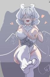 :3 covered_nipples crossed_legs demon demon_girl demon_horns ecchi evil_smile exposed_breasts female foot_fetish footwear heart_symbol jubchack labrynth_of_the_silver_castle light_skin looking_at_viewer lovely_labrynth_of_the_silver_castle low-angle_view one_leg_up open_mouth pointy_ears princess queen silver_eyes sitting smile stockings thighs white_hair younger_female yu-gi-oh!