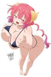 1girls alternate_version_available big_breasts bikini breasts danmakuman dragon_girl dragon_horns dragon_tail female horns huge_breasts ilulu_(dragon_maid) light-skinned_female light_skin looking_at_viewer miss_kobayashi's_dragon_maid red_eyes red_hair smile tail