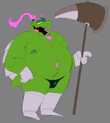 anthro balls bulge deltarune facial_hair flaccid gerson_boom gerson_boom_(deltarune) green_body green_skin hammer magenta_hair male male_only overweight penis purple_hair scalie smut_leo solo solo_male turtle undertale