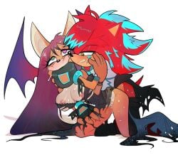 1boy 1girls ambiguous_penetration areola_slip areolae bat_ears bat_wings big_breasts blue_streaks blushing character_request corset cum_inside dripping_cum fan_character from_behind grabbing_from_behind green_eyes hand_over_mouth heart-shaped_pupils kneeling lidded_eyes long_hair nipple_slip original_character original_characters original_characters_only pinklilim red_fur rough_sex sharp_teeth sonic_(series) sonic_oc sonic_the_hedgehog_(series) torn_clothes wardrobe_malfunction white_background yellow_eyes