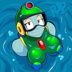 areola breasts bubble_man bubbles capcom evilkingtrefle female female_only green_breasts looking_at_viewer mega_man mega_man(classic) mega_man_2 nipples ripples rule_63 solo water wet