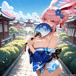 1girl ai_assisted ai_generated animal_ears bangs bare_shoulders blue_sky blush breasts bridge cherry_blossoms cloud curvaceous curvy curvy_female curvy_figure day eyebrows_visible_through_hair fan female flower fox_ears hair_between_eyes hair_ornament holding honkai_(series) honkai_impact_3rd japanese_clothes kimono large_breasts long_hair long_sleeves looking_at_viewer miyuai petals pink_hair purple_eyes sash sky smile solo standing thick thick_ass thick_butt thick_hips thick_legs thick_thighs voluptuous voluptuous_female water wide_hips wide_sleeves wide_thighs yae_sakura
