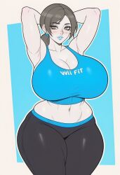 1girls ai_generated alternate_breast_size armpits arms_behind_head arms_up black_hair black_pants blue_background blue_lips blue_sports_bra blush breasts cleavage clothes_writing clothing collarbone colored_skin cowboy_shot crop_top curvy female grey_eyes grey_hair grey_skin huge_breasts large_breasts looking_at_viewer makeup mature_female midriff navel pale_skin pants ponytail simple_background solo sports_bra tank_top thick_thighs thighs tight_clothes tight_pants white_skin wide_hips wii_fit wii_fit_trainer wii_fit_trainer_(female) yoga_pants