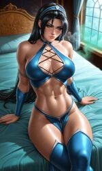 abs ai_generated bare_shoulders bedroom black_hair blue_clothing bracers breast_window earrings exausted green_eyes green_mist green_sclera halterneck headpiece kitana kitana_(mk9) lacing legs_crossed loincloth long_hair long_torso looking_away midriff mind_control mist mortal_kombat mortal_kombat_(2011) netherrealm_studios on_bed painted_nails possession post-orgasm red_nails stained_clothes sweat sweaty_body thighhighs tired tired_eyes toned toned_female wet_crotch