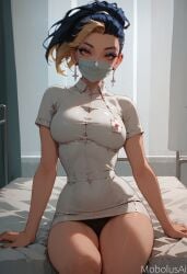ai_generated akali amber_eyes black_hair breasts female k/da_all_out_akali k/da_all_out_series league_of_legends mask masked_female medical_mask mobolusai multicolored_hair nurse panties thighs tight_clothing