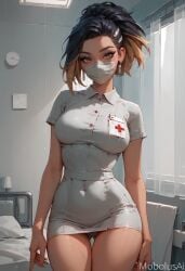 ai_generated akali amber_eyes black_hair breasts female k/da_all_out_akali k/da_all_out_series league_of_legends mask masked_female medical_mask mobolusai multicolored_hair nurse thighs tight_clothing
