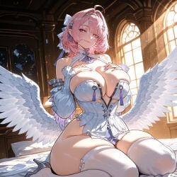 1girl ahoge ai_assisted ai_generated angel angel_wings areola_slip bangs bare_shoulders blue_hair blush breasts cleavage curvaceous curvy curvy_female curvy_figure detached_collar dress earrings eyebrows_visible_through_hair feathered_wings feathers female hair_intakes hair_ornament halo harpy heart huge_breasts indoors jewelry looking_at_viewer low_wings miyuai multicolored_hair nail_polish pink_eyes pink_hair pink_wings remielle_dan short_hair sitting smile solo thick thick_ass thick_butt thick_hips thick_legs thick_thighs thighhighs thighs two-tone_hair voluptuous voluptuous_female white_legwear white_wings wide_hips wide_thighs window wings zenless_zone_zero