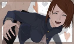 clothed clothed_female_nude_male clothed_sex jujutsu_kaisen looking_pleasured nobara_kugisaki nose_blush offscreen_male semi_(kazu500000000) sex smile white_background