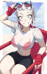 1female 1girl 1girls beach border breasts chair commentary crop_top demon_girl demon_horns english_commentary eyewear_on_head fingerless_gloves gloves grey_eyes grin helltaker highres horns justice_(helltaker) lifeguard lifeguard_chair orouu outdoors red_gloves see-through_clothes shirt smile solo sunglasses surprised tied_shirt unworn_eyewear wet wet_clothes wet_shirt white_border