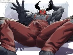 5_fingers amonsyd antennae_(anatomy) barefoot black_body buff digital_drawing_(artwork) digital_media_(artwork) embarrassed erection lepidopteran male male/male mothman muscular precum red_eyes solo sweat sweatdrop sweating wetting wetting_clothing