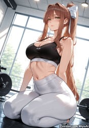 1girl ai_assisted ai_generated bangs bare_shoulders blush breasts brown_hair cleavage curvaceous curvy curvy_female curvy_figure doki_doki_literature_club electric_fan eyebrows_visible_through_hair female green_eyes hair_ribbon kneeling large_breasts long_hair looking_at_viewer miyuai monika_(doki_doki_literature_club) navel pants ponytail ribbon seiza sidelocks smile solo sports_bra thick thick_ass thick_butt thick_hips thick_legs thick_thighs thighs voluptuous voluptuous_female wide_hips wide_thighs