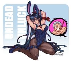 2026 andy_(undead_unluck) arms_behind_head bunny_ears bunnysuit canon_couple husband_and_wife izumo_fuuko living_clothes long_hair muscular_female red_eyes tie undead_unluck velvetqueenh
