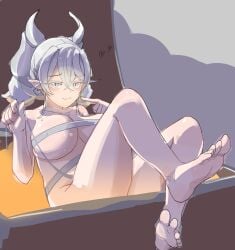 :3 bandage blush boobs chest cute demon demon_girl demon_horns embarrassed female footwear huge_breasts jubchack kawaii labrynth_of_the_silver_castle legs_up light_skin looking_at_viewer lovely_labrynth_of_the_silver_castle lying pointy_ears princess queen semi_nude side_view silver_eyes white_hair younger_female yu-gi-oh!