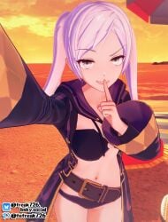 1girls 3d alternate_costume assertive assertive_female bare_thighs beach beach_umbrella belt bikini black_bikini black_swimsuit evil_grin evil_smile fefreak726 female female_only fire_emblem fire_emblem_awakening fire_emblem_heroes grey_eyes grey_hair grin hand_up hood kabedon kabedon_on_viewer leaning_forward long_sleeves medium_breasts medium_hair naughty_face navel o-ring o-ring_bikini ocean official_alternate_costume outdoors parasol pov raised_eyebrow robe robin_(fire_emblem) robin_(fire_emblem)_(female) shushing solo stomach story_at_source sunset swimsuit thighs twintails umbrella