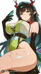 1girl ai_generated antlers arknights arknights:_endfield artist_name bangs bare_shoulders belt black_gloves black_hair blunt_bangs boots breasts cellphone closed_mouth dress elbow_gloves gloves green_eyes holding horns large_breasts leotard long_hair looking_at_viewer multicolored_hair patreon phone pointy_ears red_hair see-through senpai_pixels sensitive simple_background smartphone solo thighs two-tone_hair very_long_hair wet wet_clothes white_background zhuang_fangyi_(arknights) zhuang_fangyi_(arknights:_endfield)