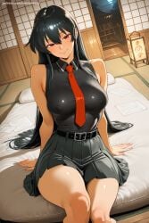 1girl ai_generated akame_(akame_ga_kill!) akame_ga_kill! arm_support bare_shoulders belt black_hair blush breasts futon hi_res high_quality high_resolution large_breasts long_hair looking_at_viewer necktie paper patreon red_eyes savvyraexo seductive sexy shouji sidelocks sitting sleeveless smile solo tatami tissue_box uncensored watermark