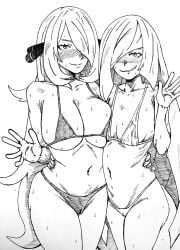 2girl 2girls big_boobs big_breasts big_tits bikini bikini_bottom bikini_top blush blushing boobs breast_size_difference breasts cameltoe curvaceous_female curvy curvy_figure cynthia_(pokemon) eindrawppsn female female_focus female_only flat_chest flat_chested hand_on_hip hand_on_waist large_boobs large_breasts large_tits lusamine_(pokemon) monochrome pokemon pokemon_dppt pokemon_sm skinny skinny_female small_boobs small_breasts sweat sweatdrop sweating sweaty sweaty_body thin_female thin_waist thong thong_bikini tits titties traditional_art